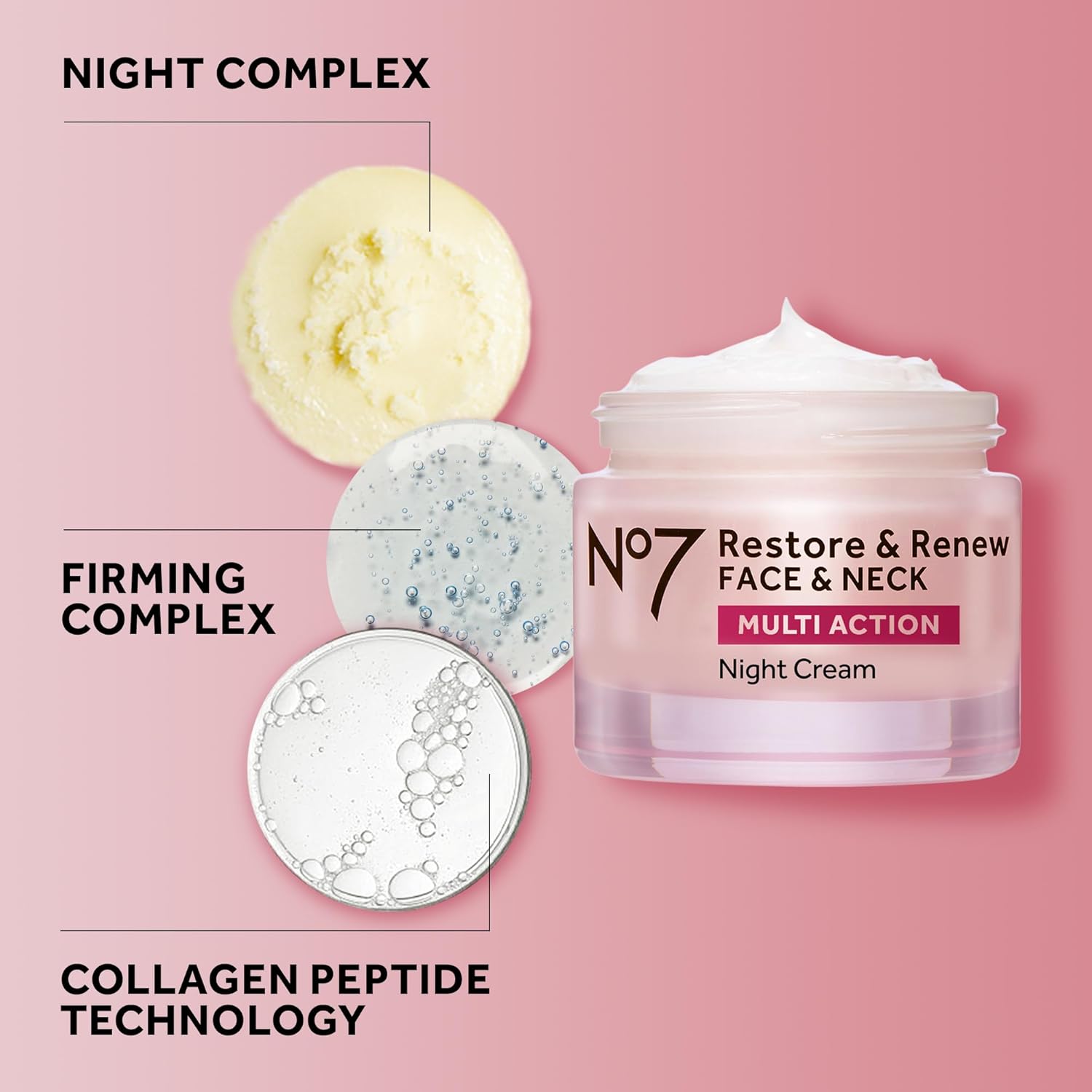 No7 Restore & Renew Multi Action Face & Neck Night Cream - Collagen Peptide Anti Aging Face Cream  Shea Butter + Vitamin E Skin Firming Night Cream (50ml)